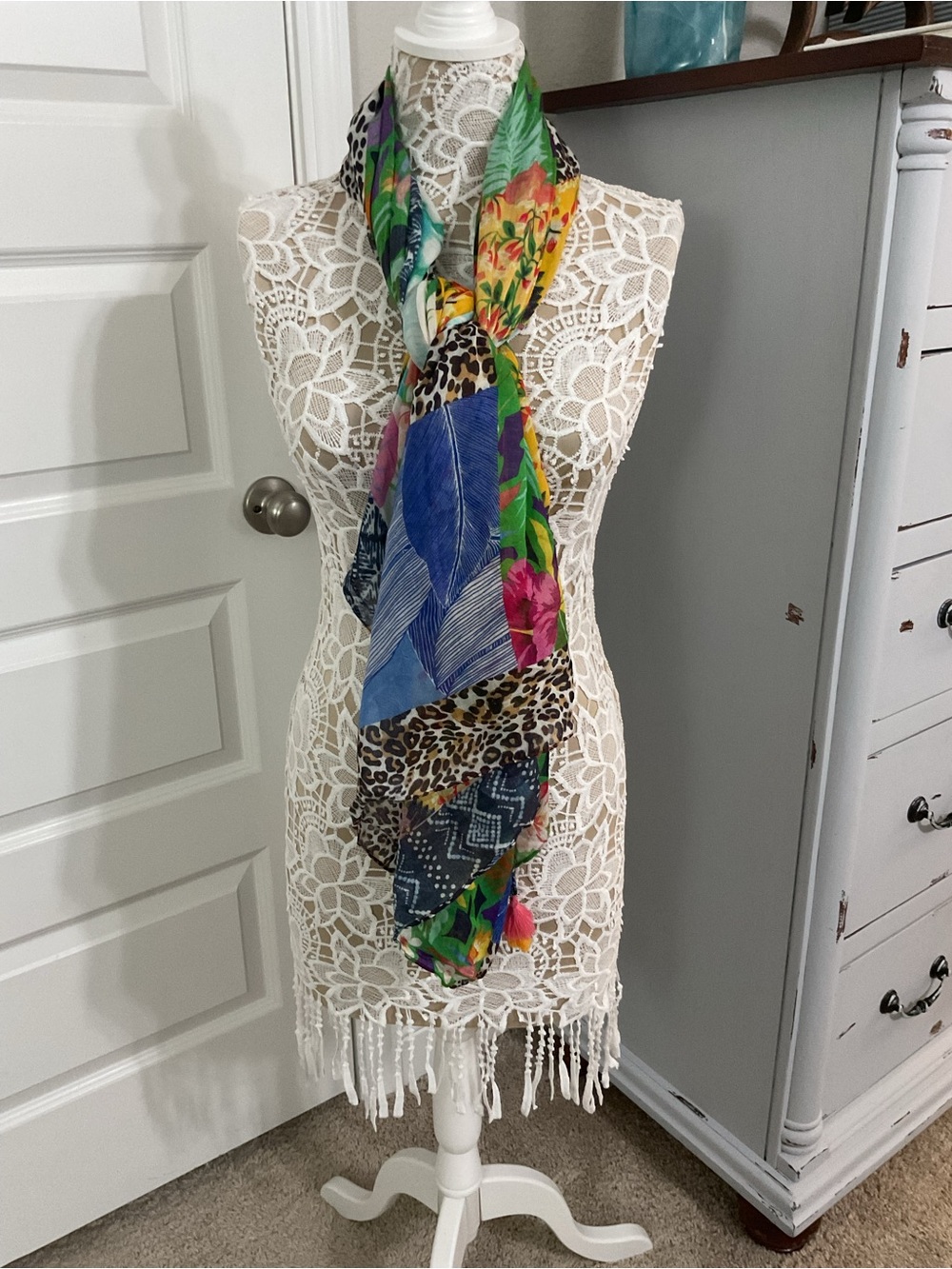 Echo Multicolor Patchwork Floral Leopard Print Scarf Tassels 42 x 60